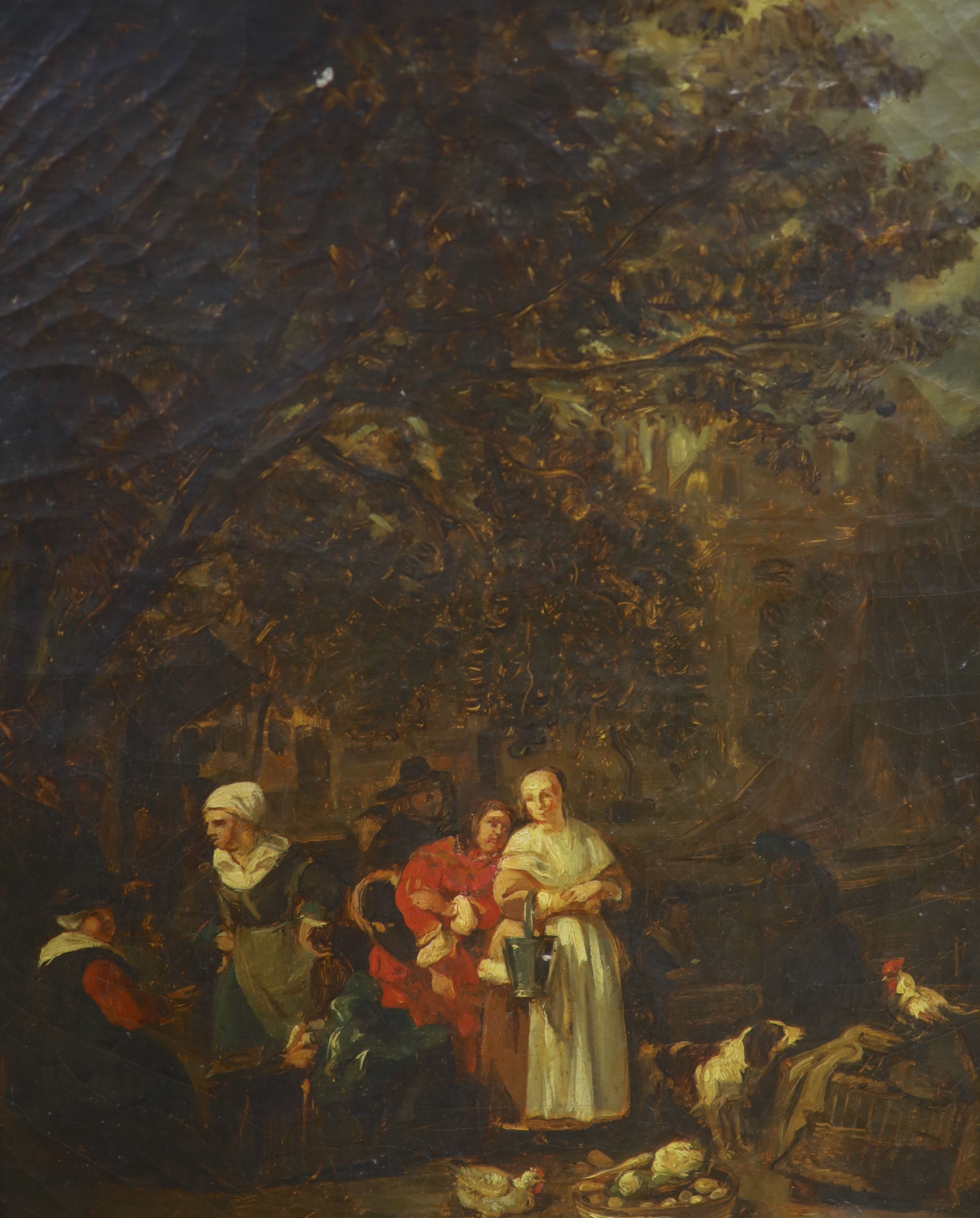 Continental school, conversing figures in landscape below a tree, oil on canvas, gilt carved wooden frame, indistinctly signed verso, 39 x 31cm.